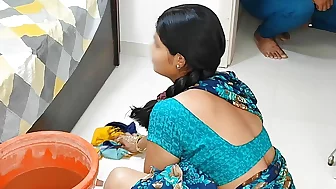 Komal bhabhi was mopping, brother-in-law was secretly watching, came and started fucking