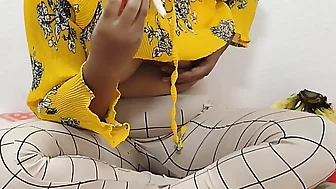 In a yellow short dress, I caress myself and jerk off my pussy with two fingers bring myself to orgasm in sexy panties