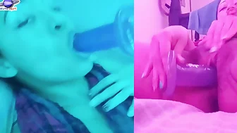 Saturn Squirt, cyan and pink with hairy pussy masturbation, with pussy cream.